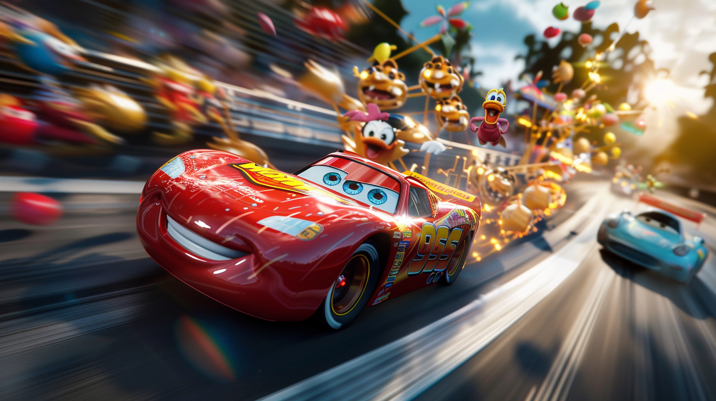 Race car made of Disney plush toys speeds down track.