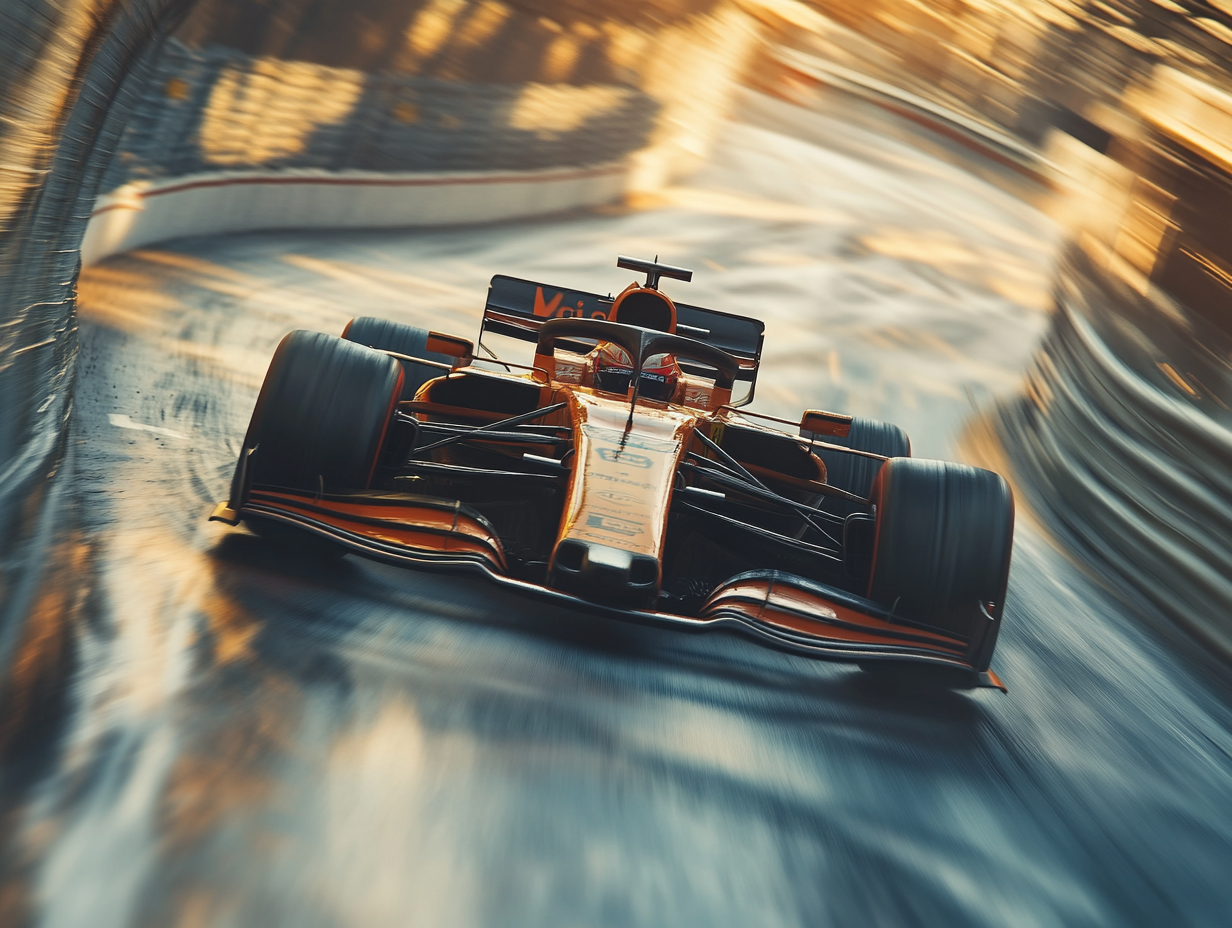 Racing Formula 1 car zooming in city.