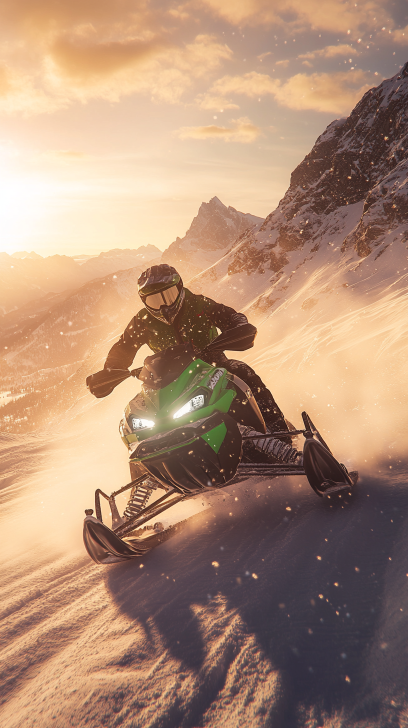 Racing Snowmobile in Swiss Alps at Sunset