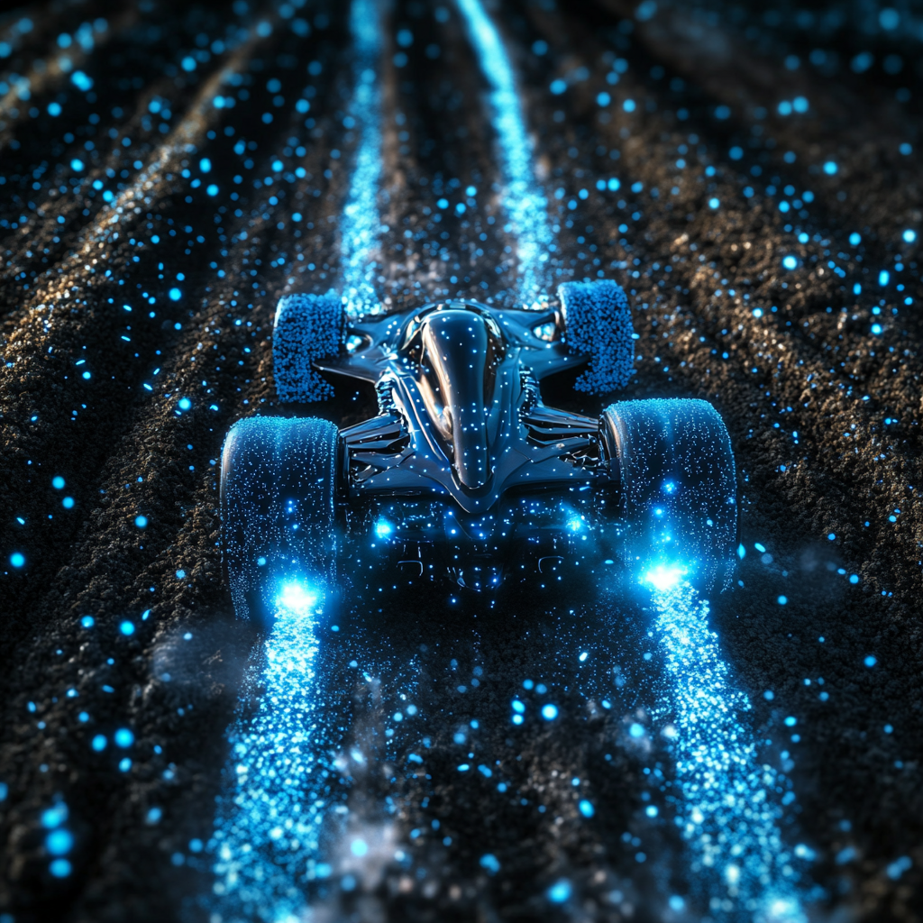 Racing car made of blue dots speeds on soil.