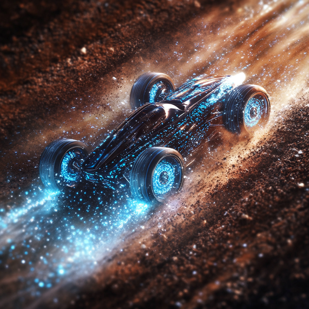 Racing car rushes with blue dots through earth soil.