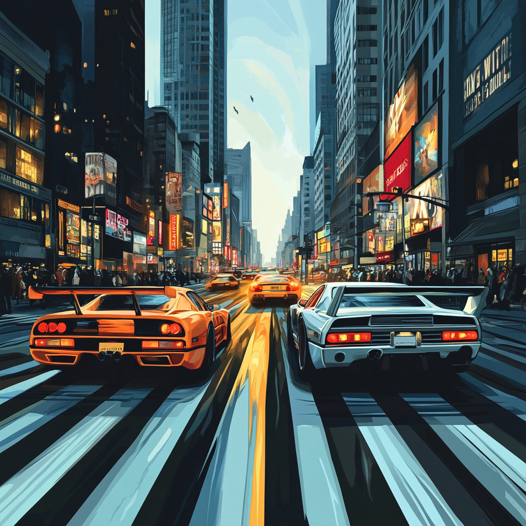 Racing sports cars on city street at night