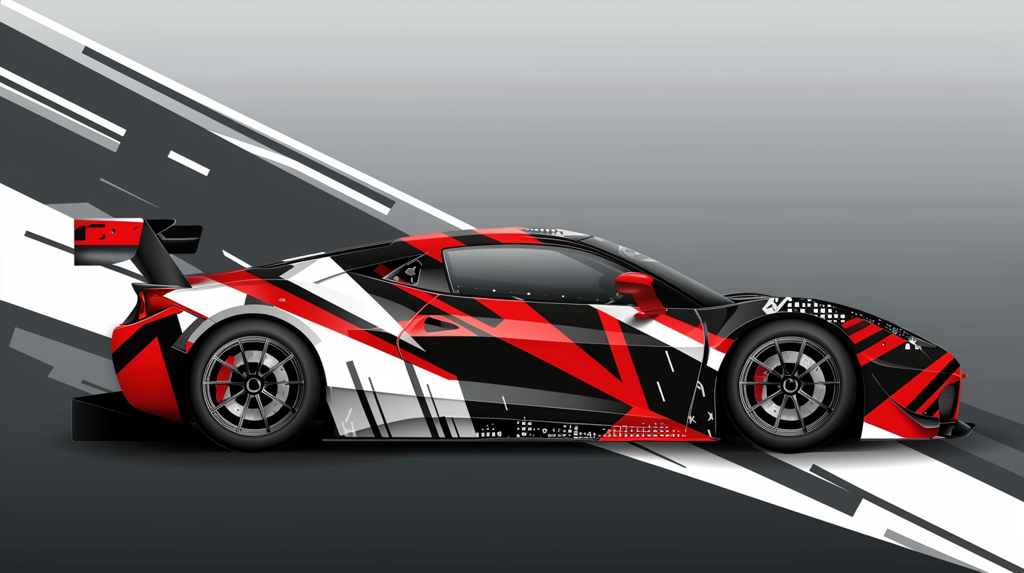 Racing-style car wrap design with geometric shapes.