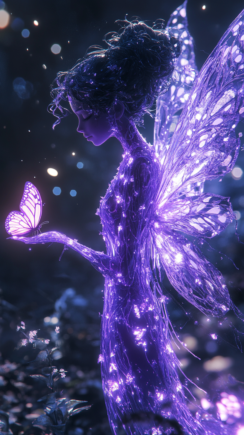 Radiant Purple Figure with a Glowing Butterfly