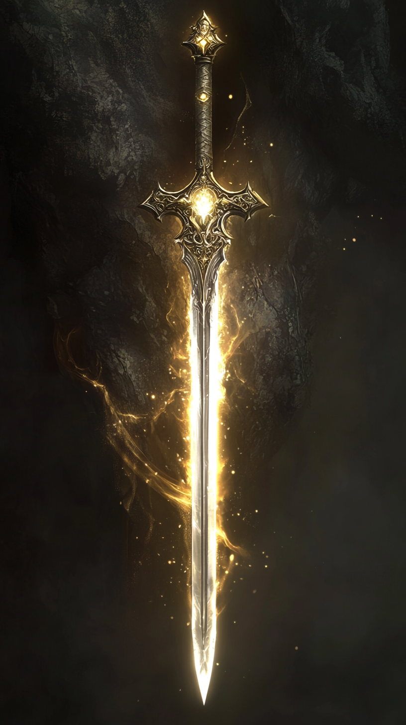 Radiant sword forged in dying star blessed by beings.