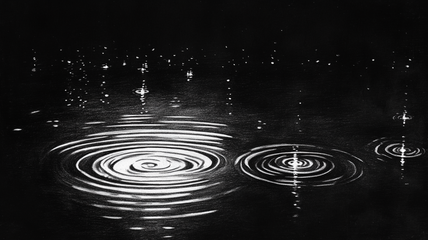 Rain drops causing ripples on water at night.