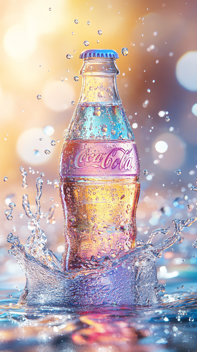 Rainbow Coca-Cola bottle in water with bubbles and droplets.