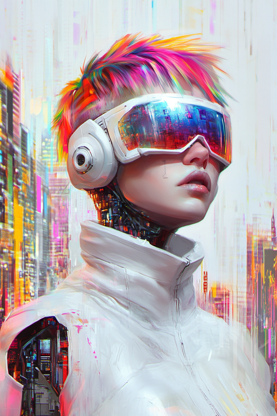 Rainbow-haired Cyberpsycho girl in cyberpunk cityscape.