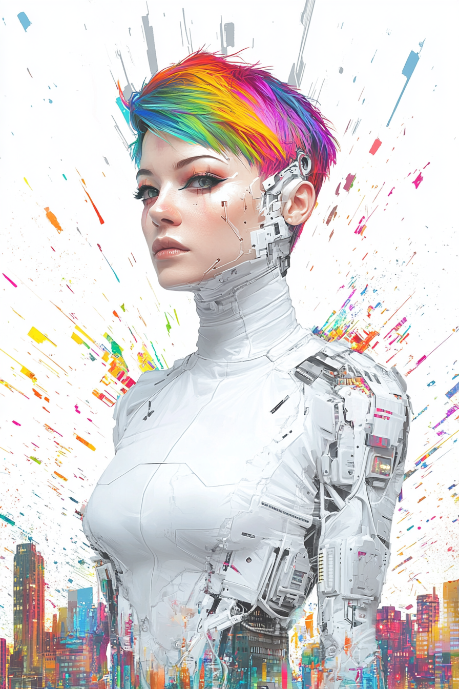 Rainbow-haired Cyberpsycho girl in cyberpunk world chaos.