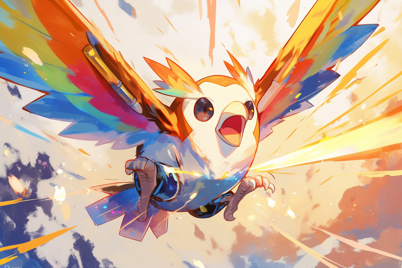 Rainbow puffin Pokemon flying with rainbow guns