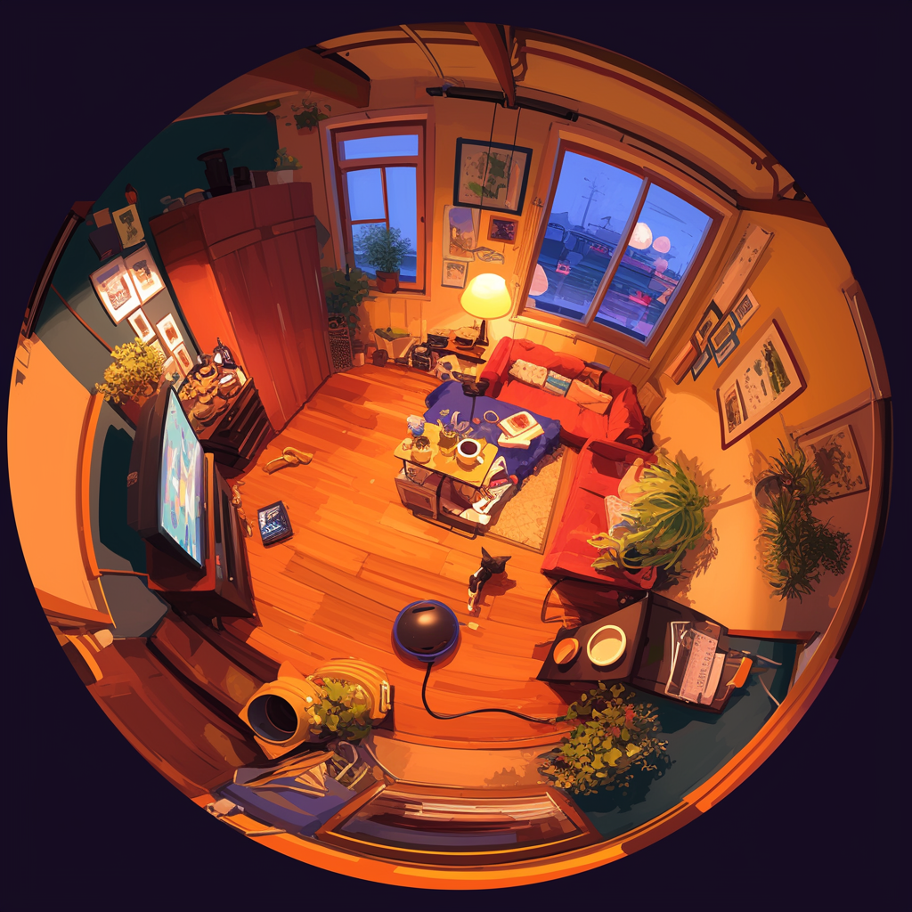 Rainy Day Living Room Fisheye View, Ghibli Style