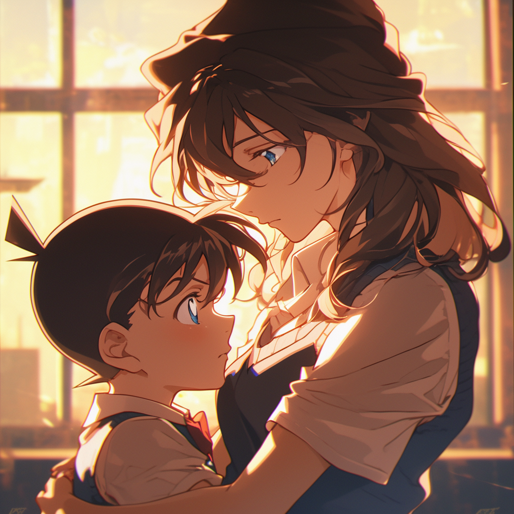 Ran hugging girl Conan in school setting