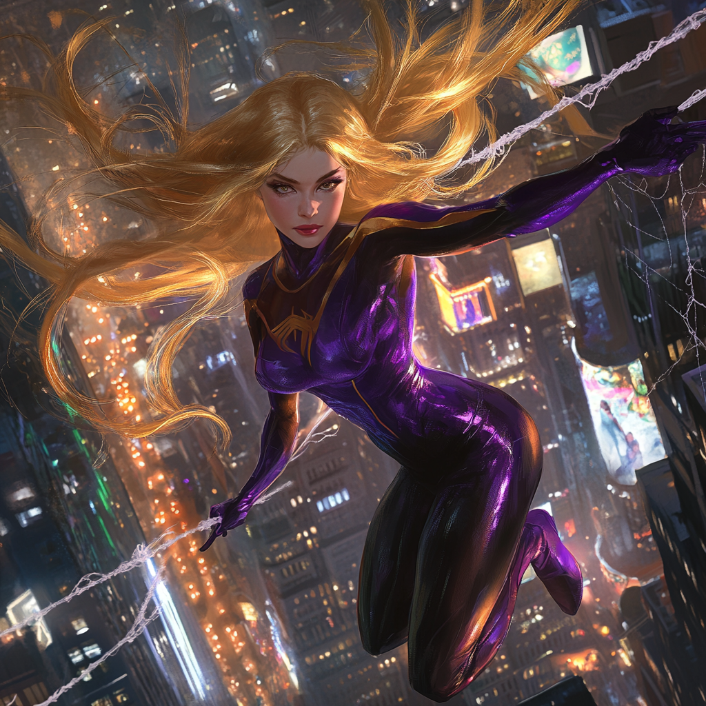 Rapunzel as Spider-Woman, swinging with golden silk hair.