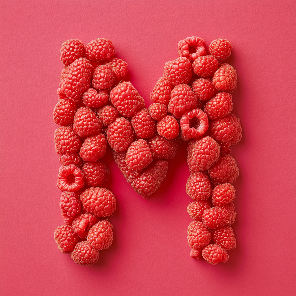 Raspberry letter 'מ' mimicking Hebrew font structure. Blend natural and clean lines for artistic feel.