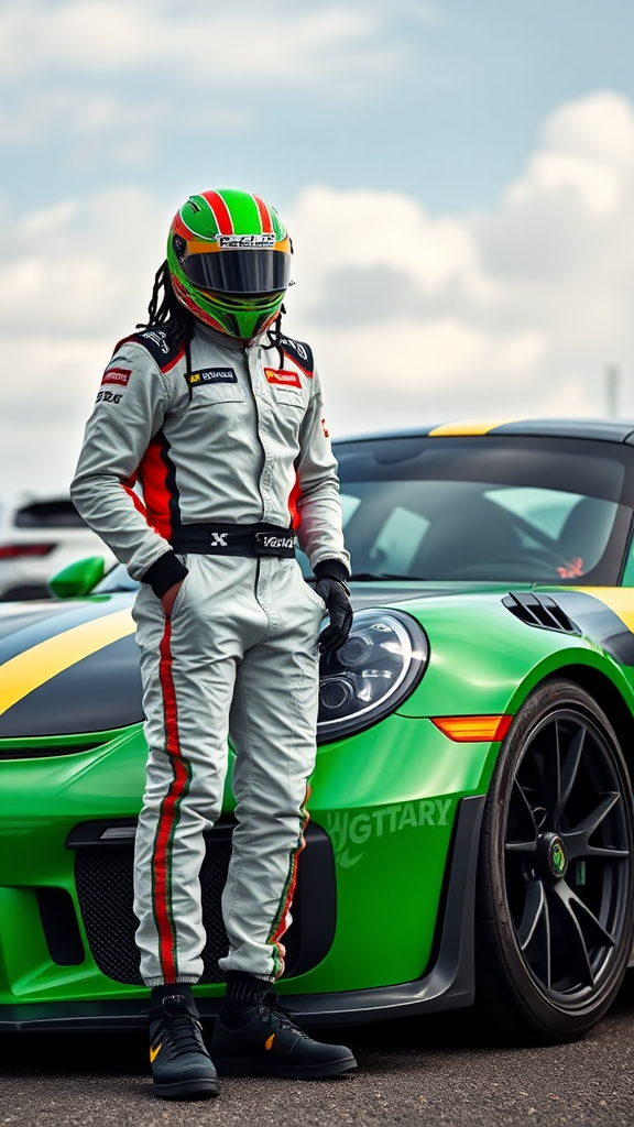 Rastaman race car driver beside green Porche 911.