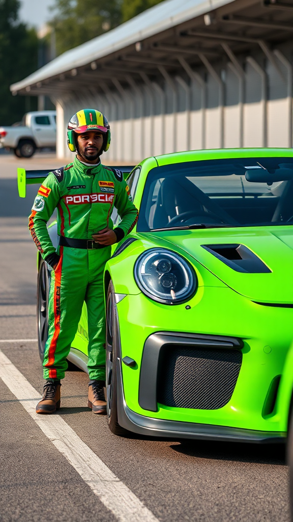 Rastaman race car driver standing by green Porsche.