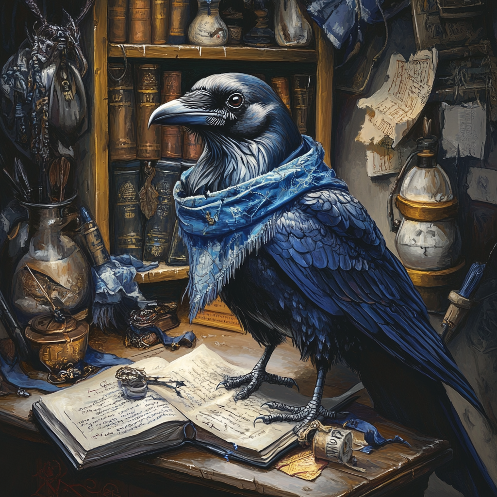 Ravenclaw raven solves puzzle surrounded by mystical artifacts.