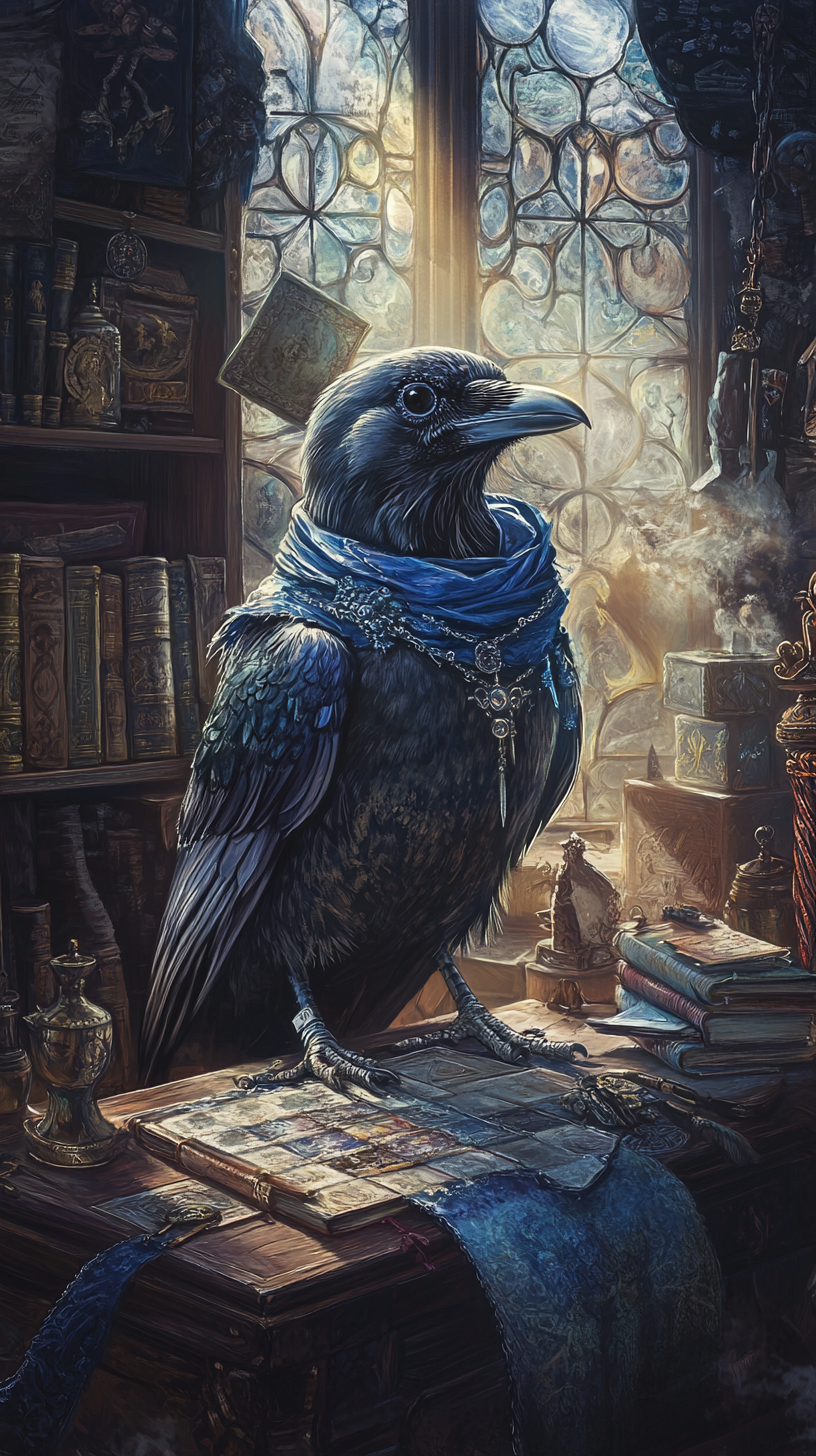 Ravenclaw’s representing animal solving magical puzzle, surrounded artifacts.