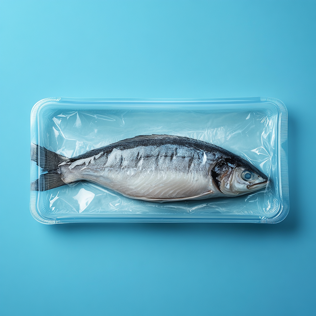 Ready-to-eat fish packaging for supermarket, Mediterranean style, luxurious.