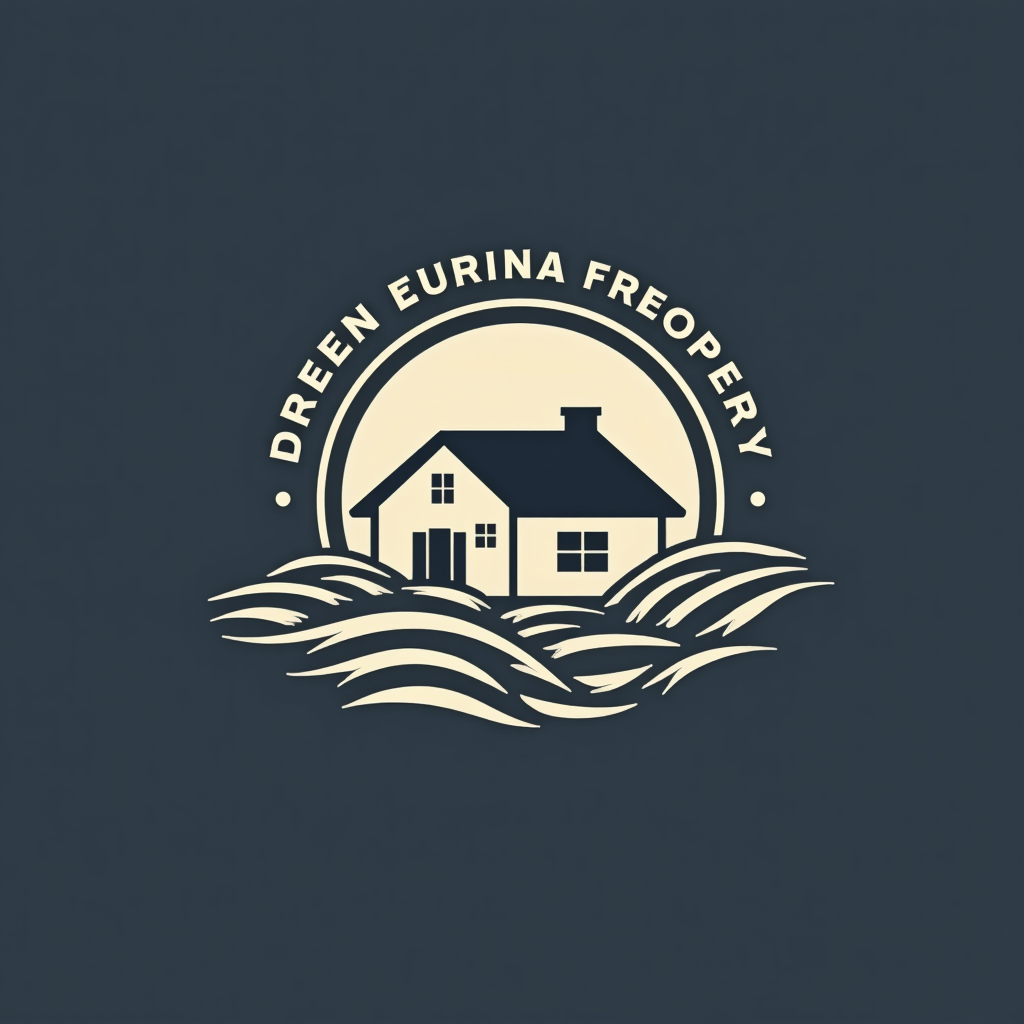 Real Estate Logo with House, Trees, Sunshine