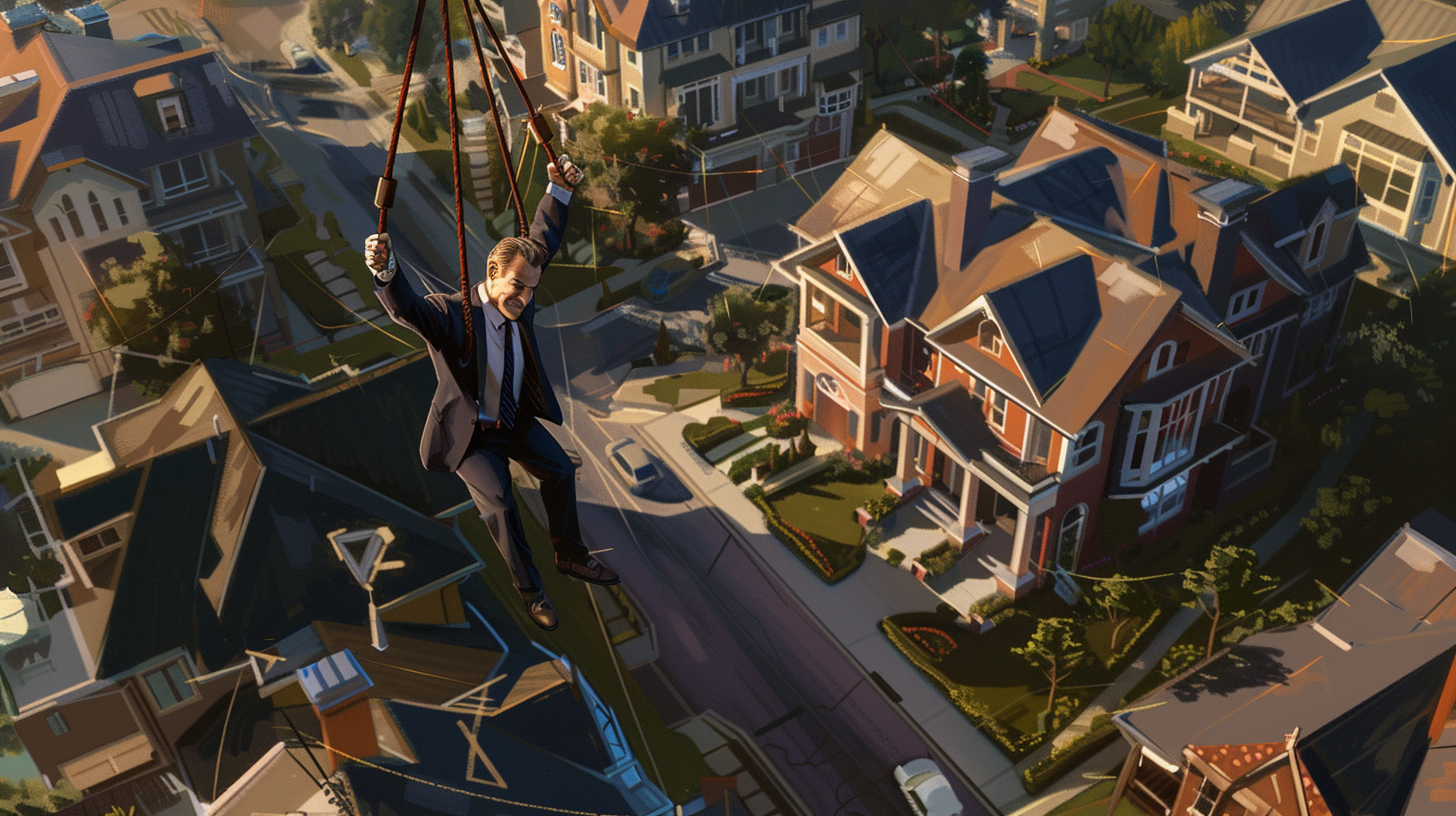 Real estate agent in suit dangling from crane claw.