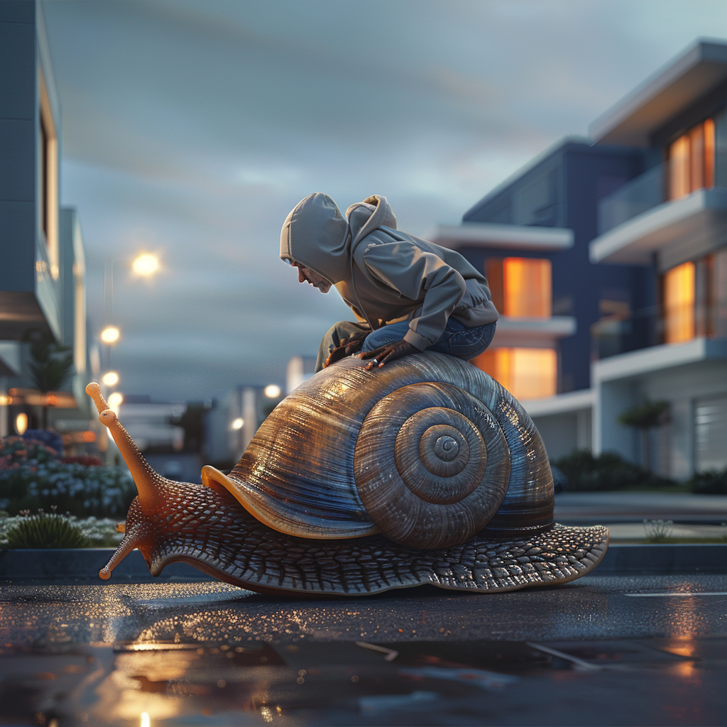 Real estate agent on oversized snail in modern neighborhood.