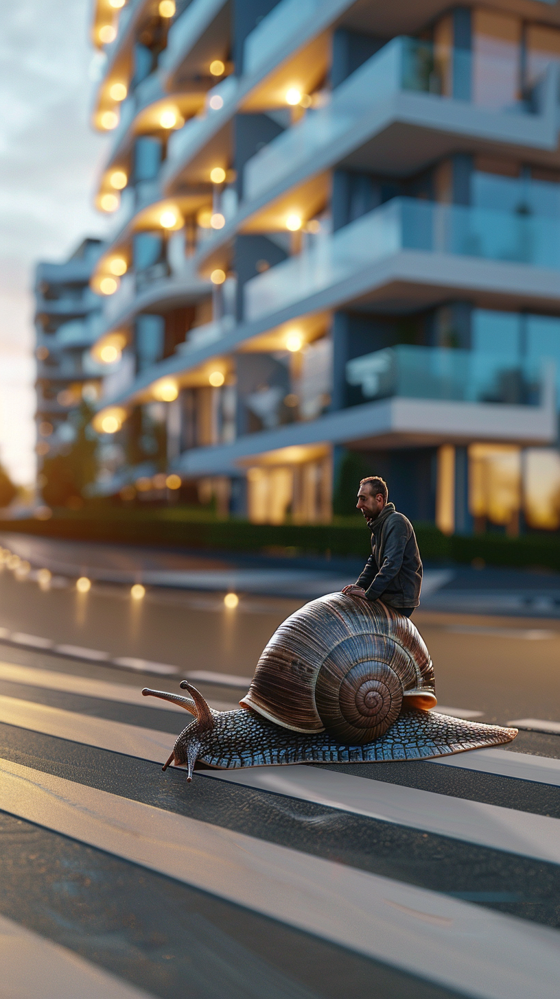 Real estate agent on sad oversized snail in modern neighborhood.