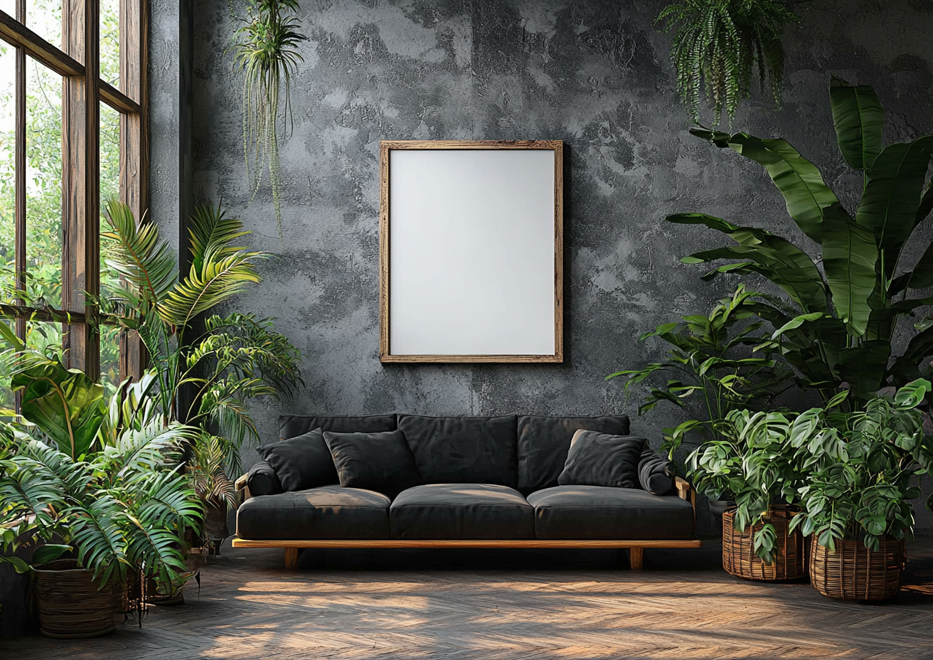 Real photo of dark sofa with plants and empty frame.