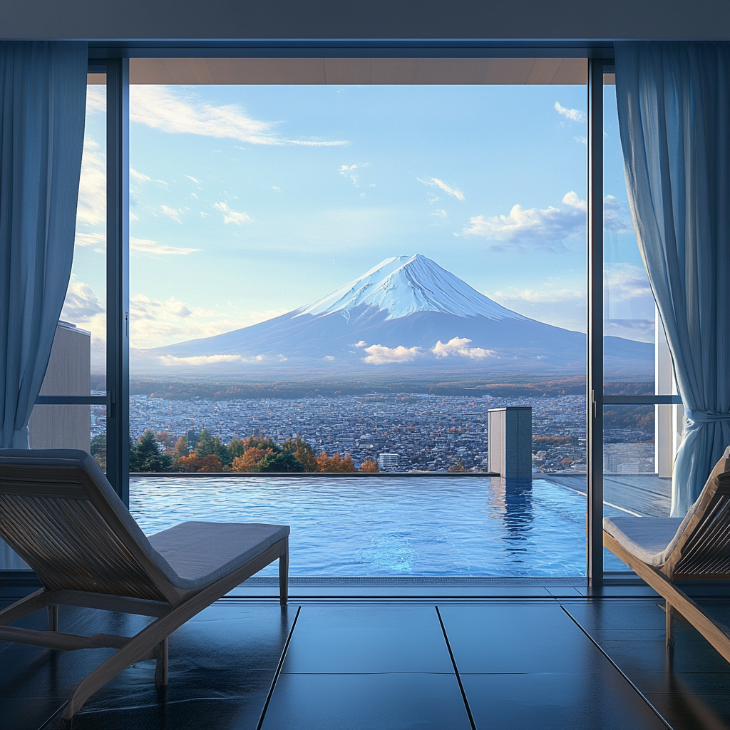 Real rooftop view of mountain city with pool and Fuji.