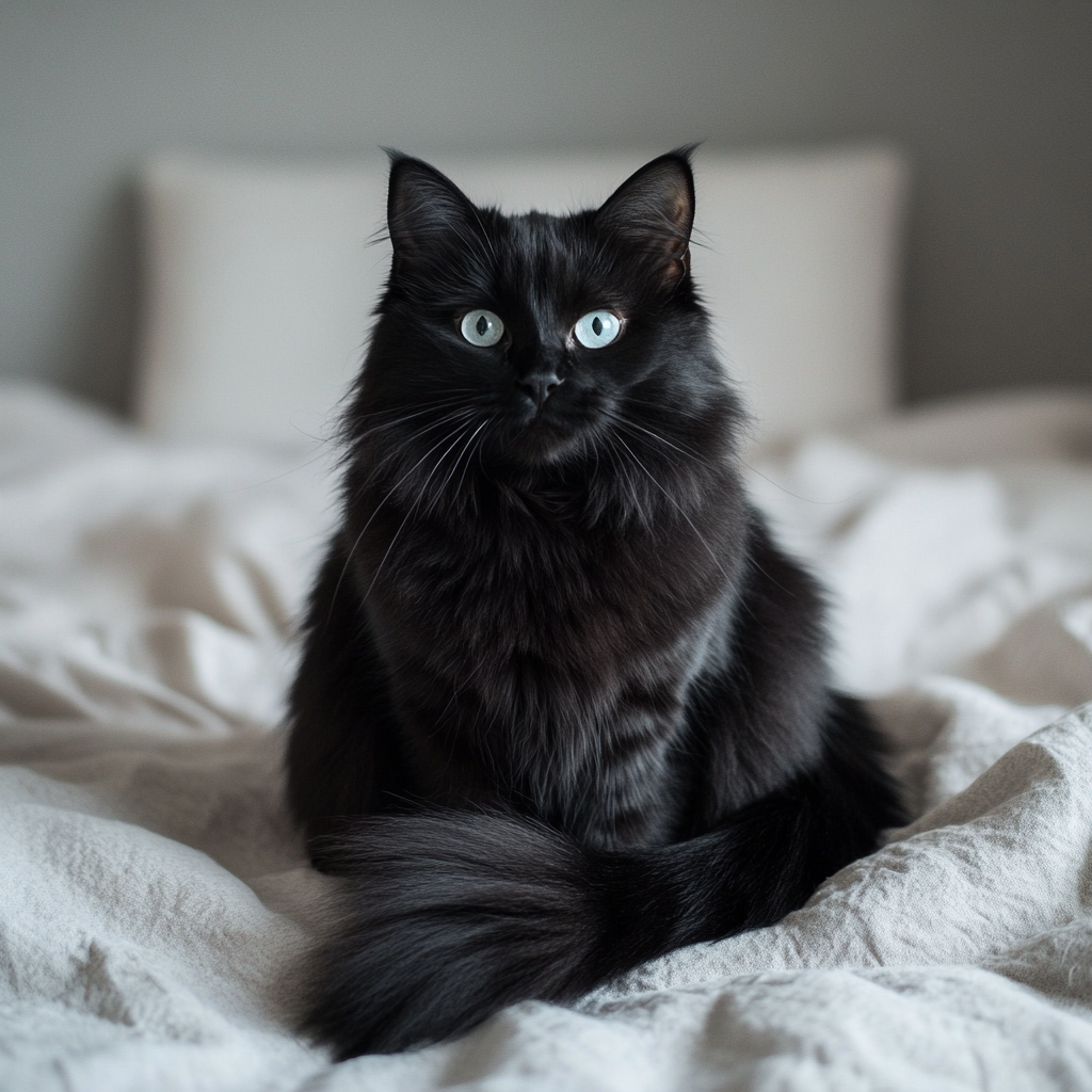 Real shot of black cat with long tail, fluffy fur, big eyes, sitting on bed.