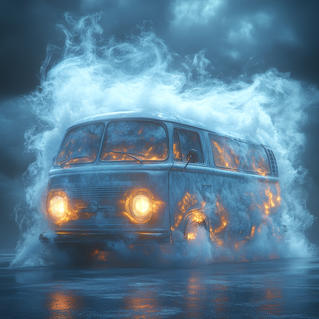 Realistic, fantasy Egyptian style van appears ghostly, ethereal.