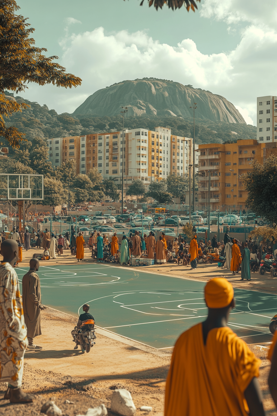 Realistic Abuja scene with basketball court, cultural clothing, marketplace.