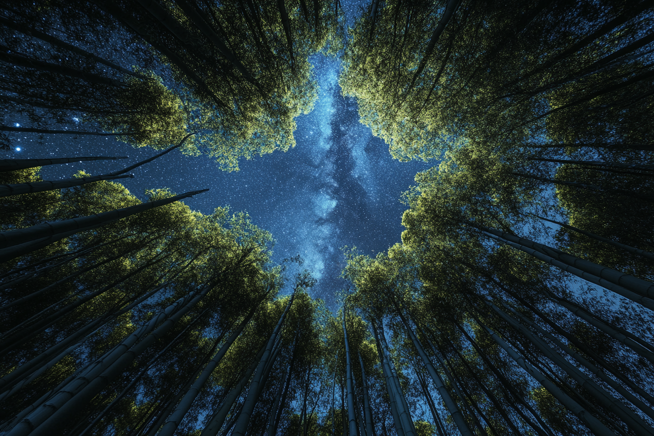 Realistic Asian forest photos with Milky Way view, sharp details.