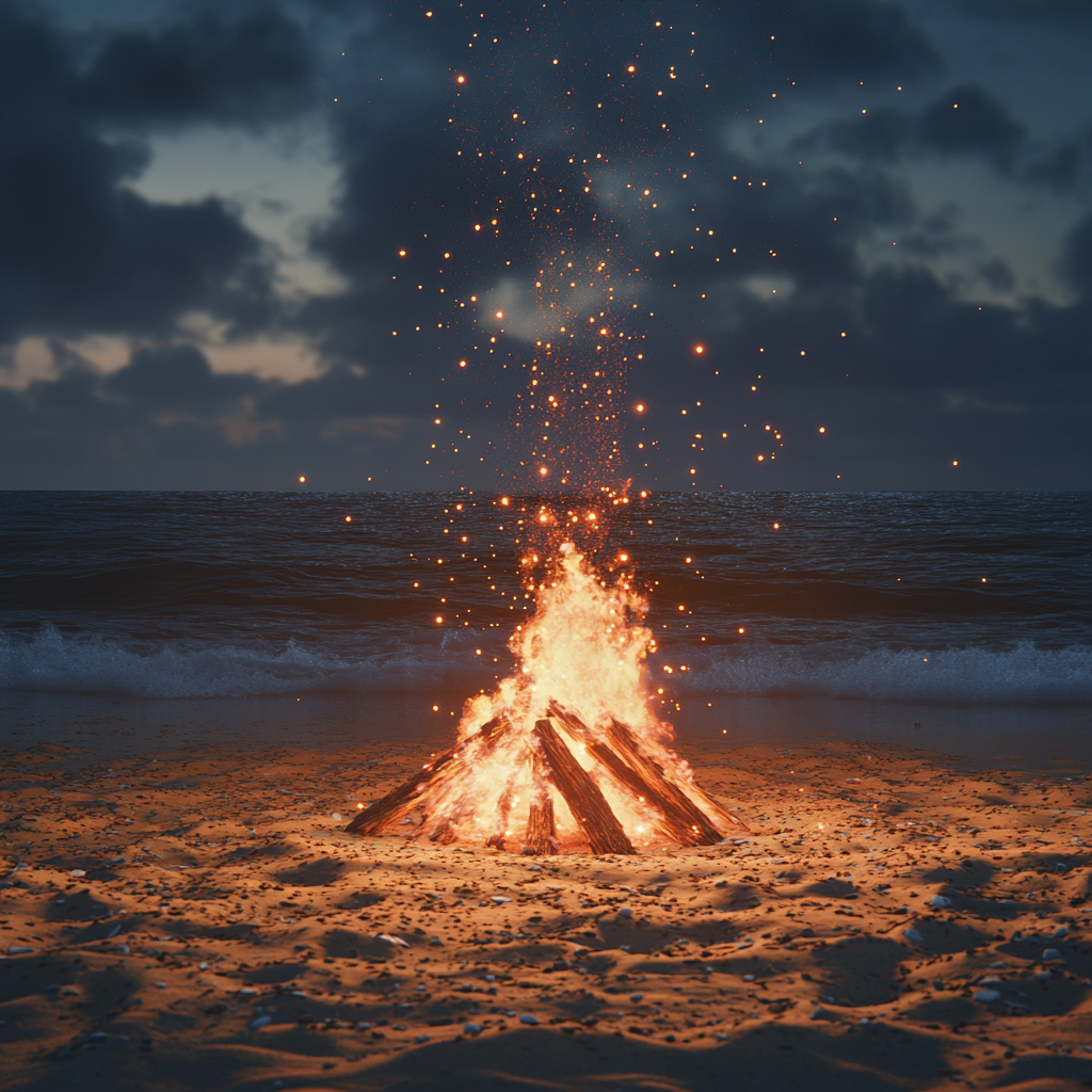 Realistic Beach Night Scene with Large Bonfire.