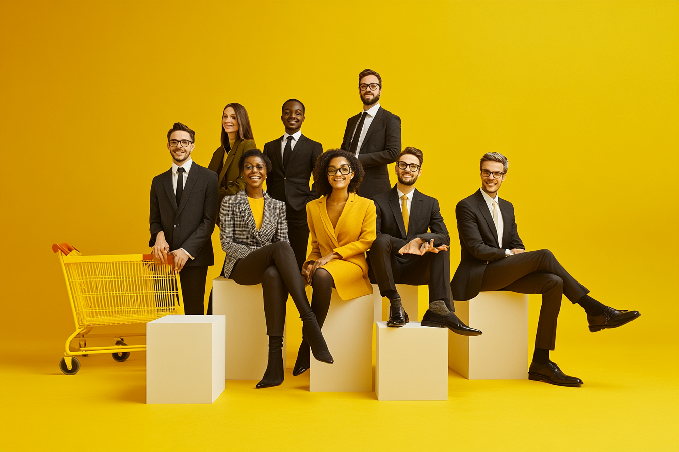 Realistic Business Group Photo in Yellow Studio Setting