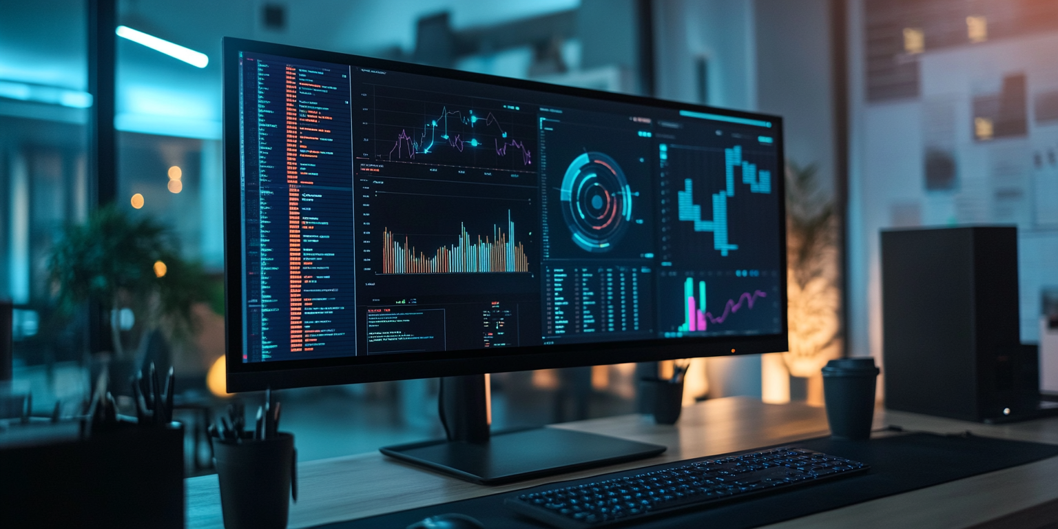 Realistic Computer Screen with Radar, Graphs, Data Analysis