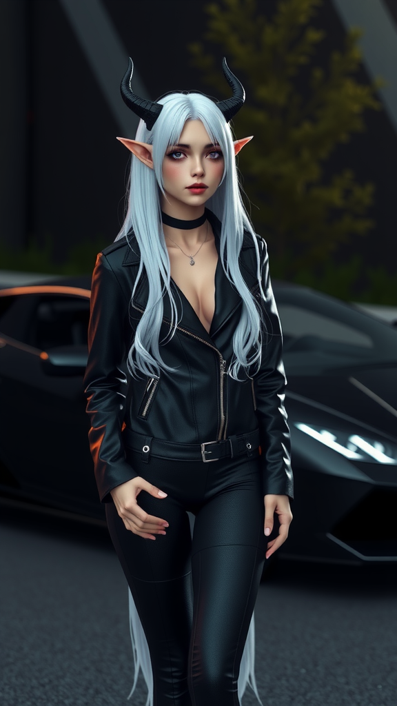 Realistic Dark Elf Girl Near Lamborghini Car