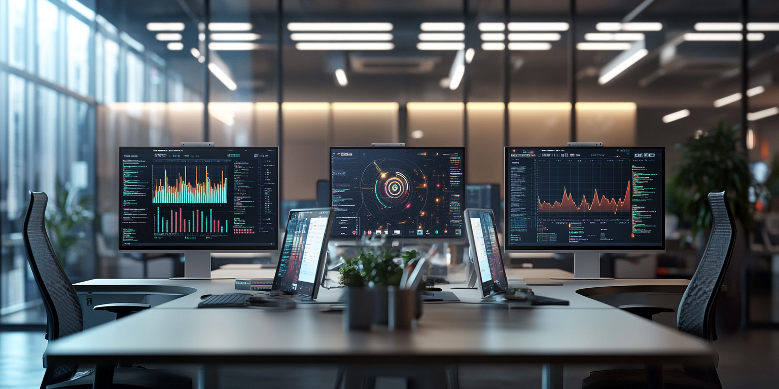 Realistic Data Lab Computers Showing Radar, Graphs, and Faces 