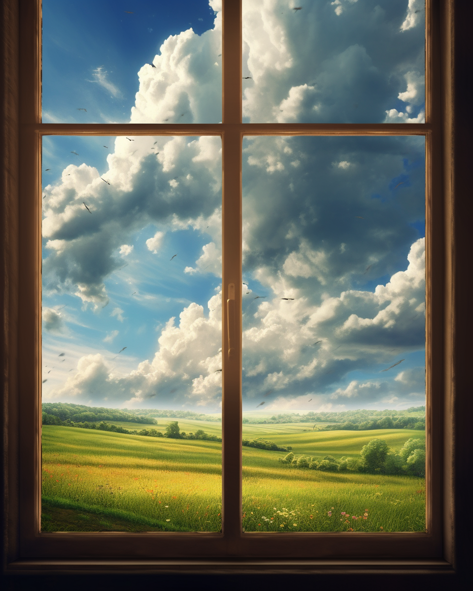 Realistic Field View through Open Window Painting Image