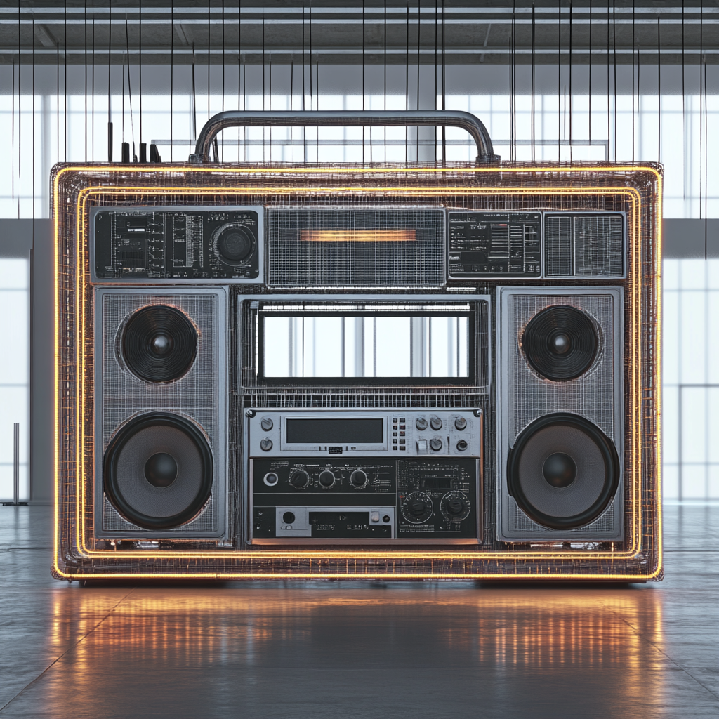 Realistic Giant Boombox Installation in Modern Indoor Space 