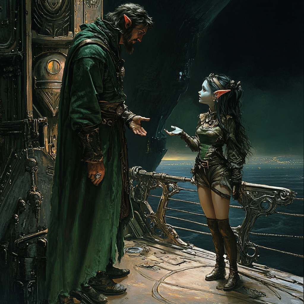 Realistic Grim Fantasy Art: Humans, Elves, Gnomes on Ship