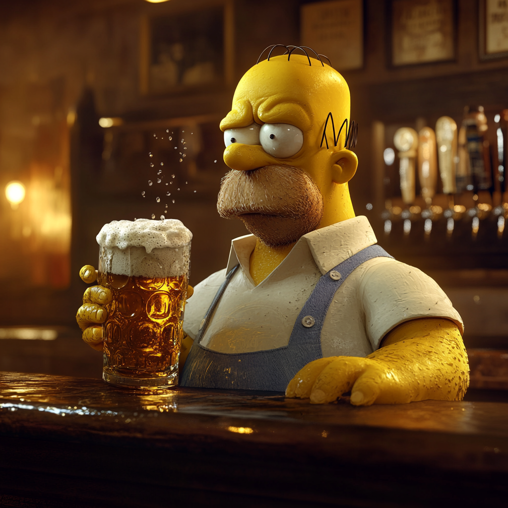 Realistic Homer Simpson at bar with beer, details.