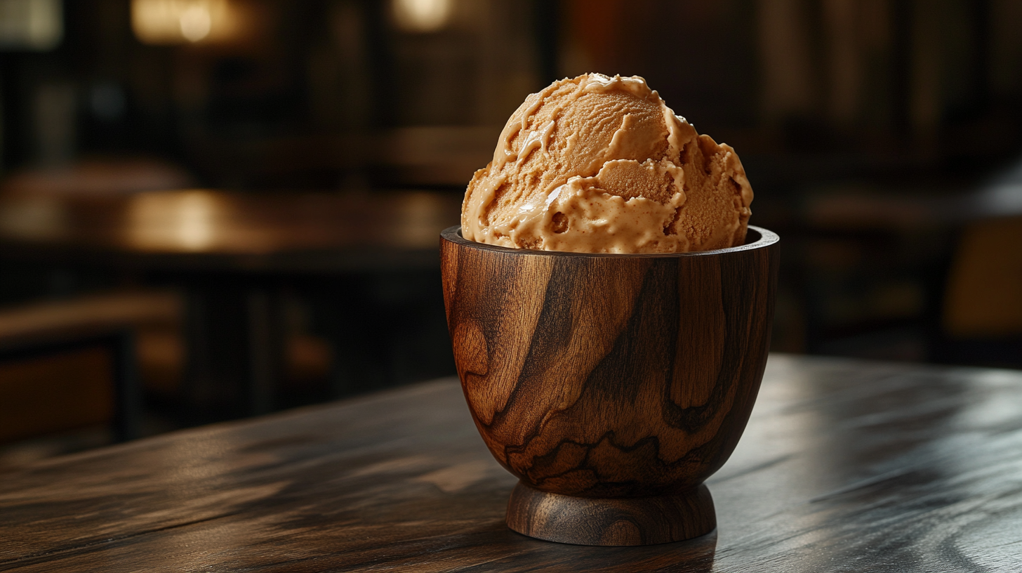 Realistic Italian Gelato in Wooden Cup on Table Texture Close-Up