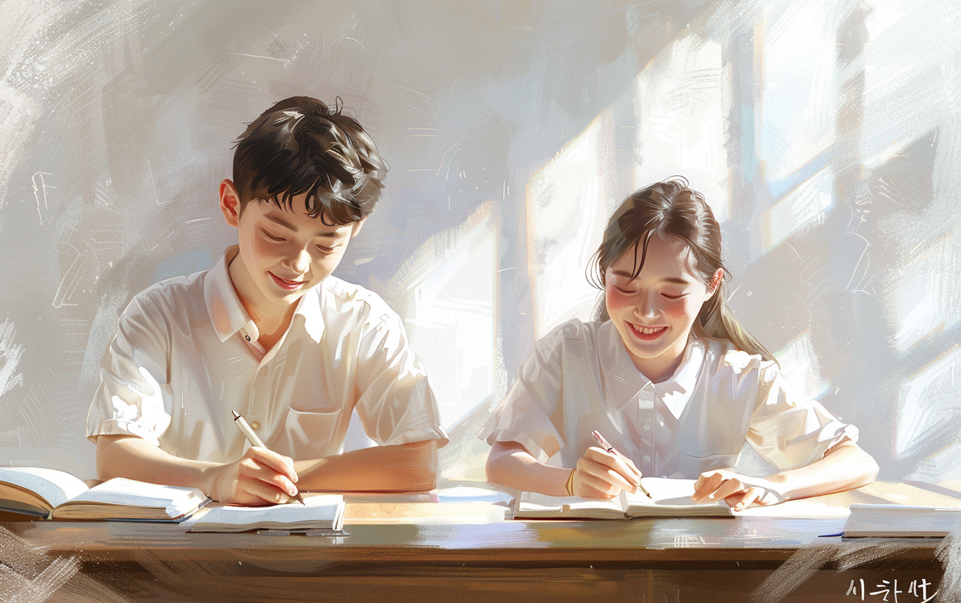 Realistic Korean Middle School Students Studying English Intensely