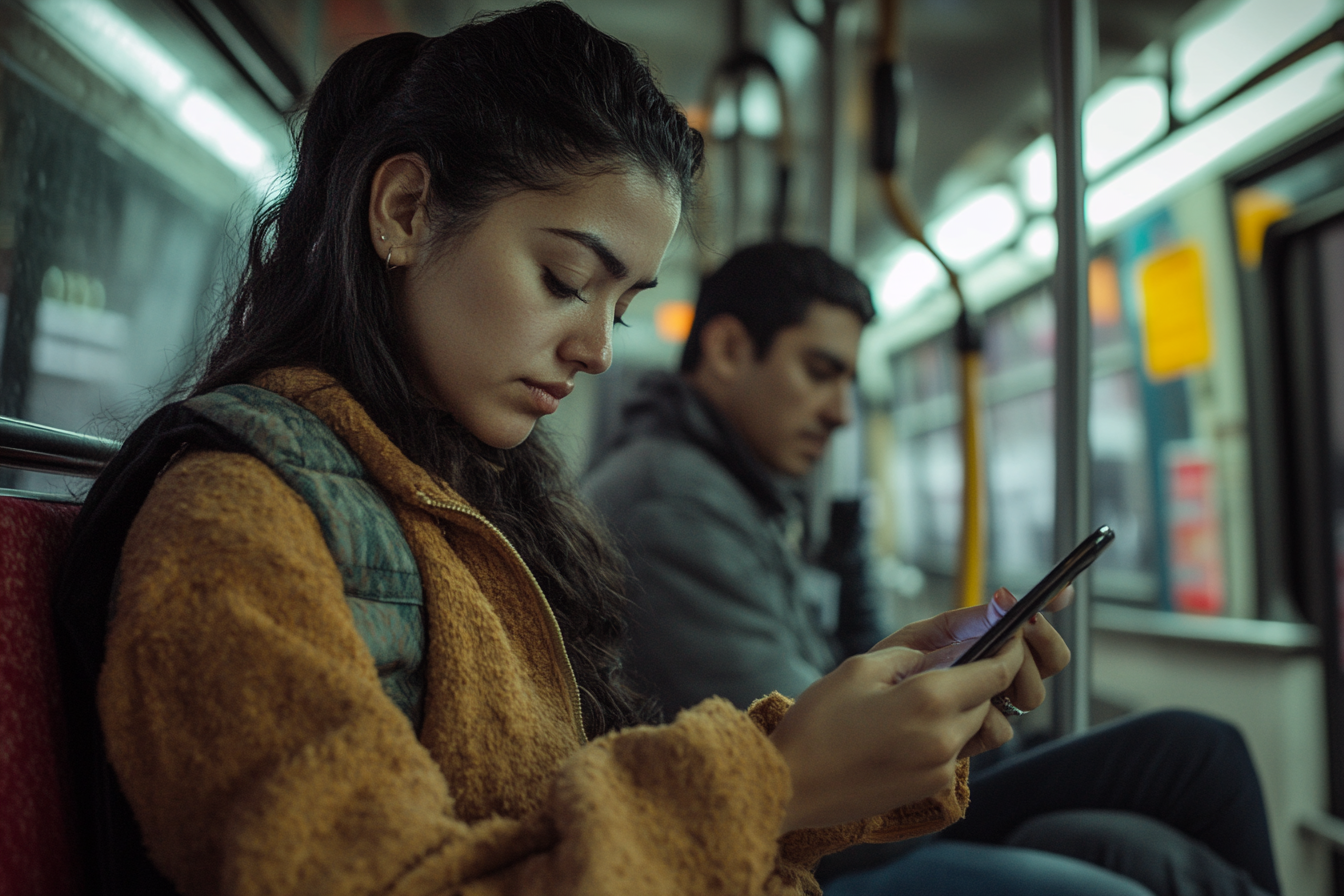 Realistic Latin American Couple Using Smartphone on Metrobus