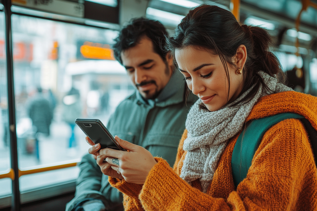 Realistic Latin American Couple Working on Smartphone, Metrobus Background