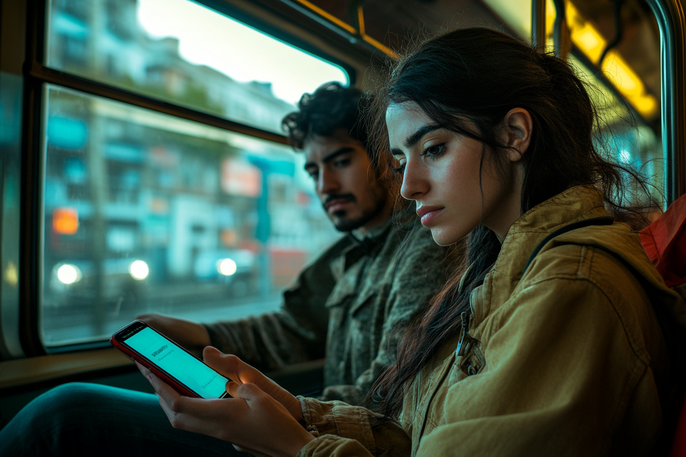 Realistic Latin American Couple on Smartphone in Mexico City