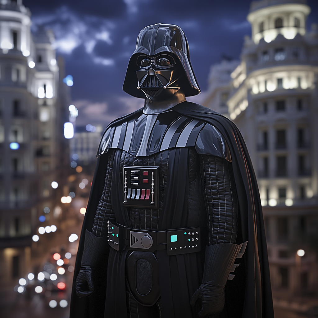 Realistic Male Superhero: Darth Vader meets Batman in Madrid