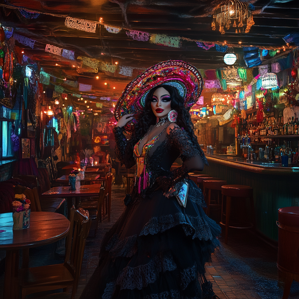 Realistic Night Advertising Photo: Drag Queen Mariachi Celebration 