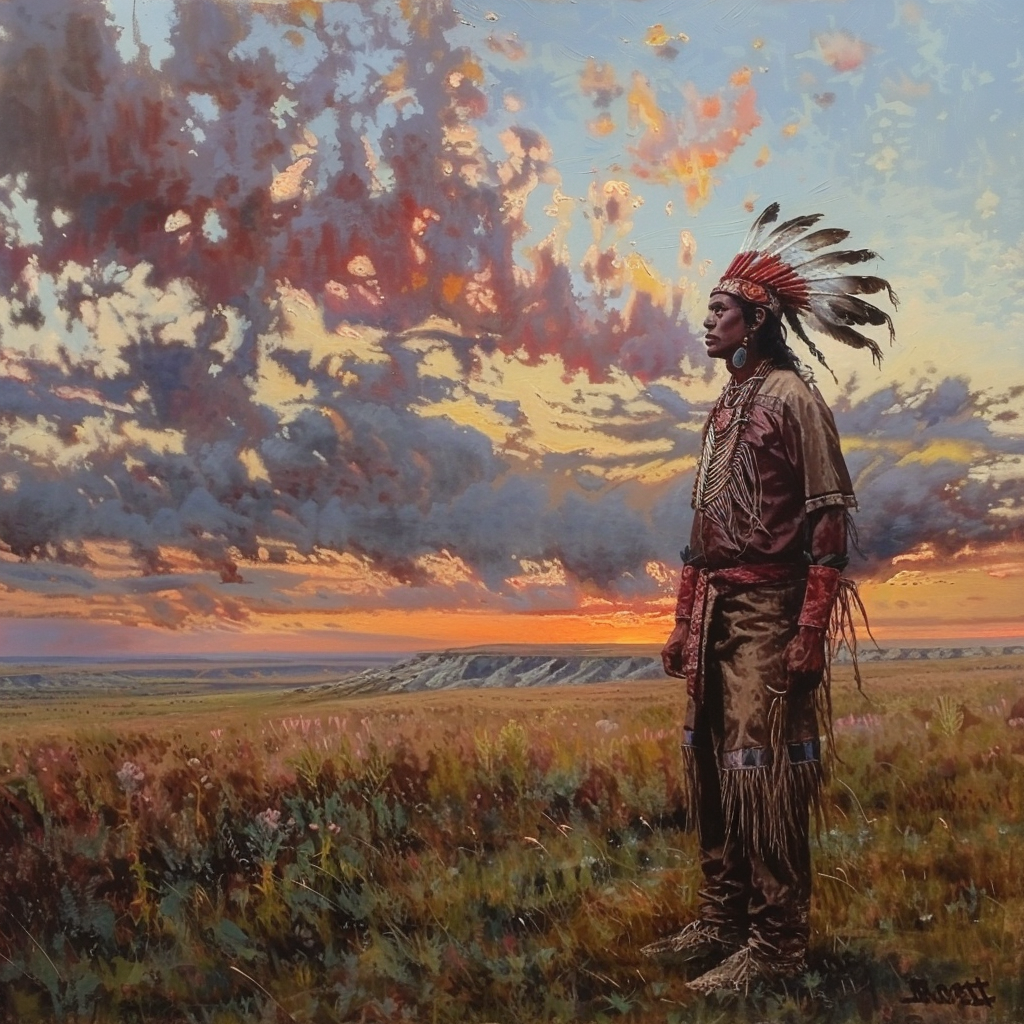 Realistic Oil Painting: Native American Warrior on Plains